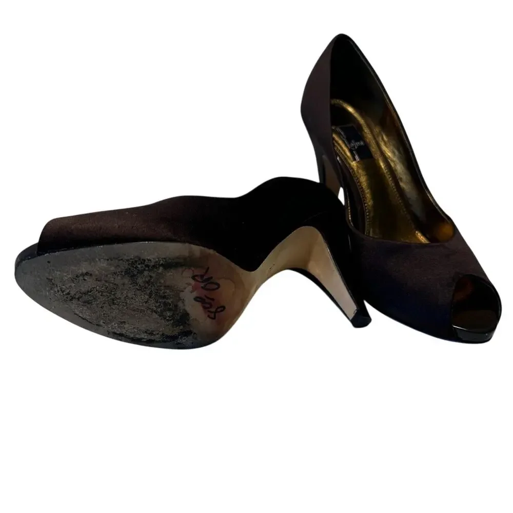 Chocolate Brown Satin Glint Designer Peep Toe Heel Womens 8.5 Leather Sole Party
